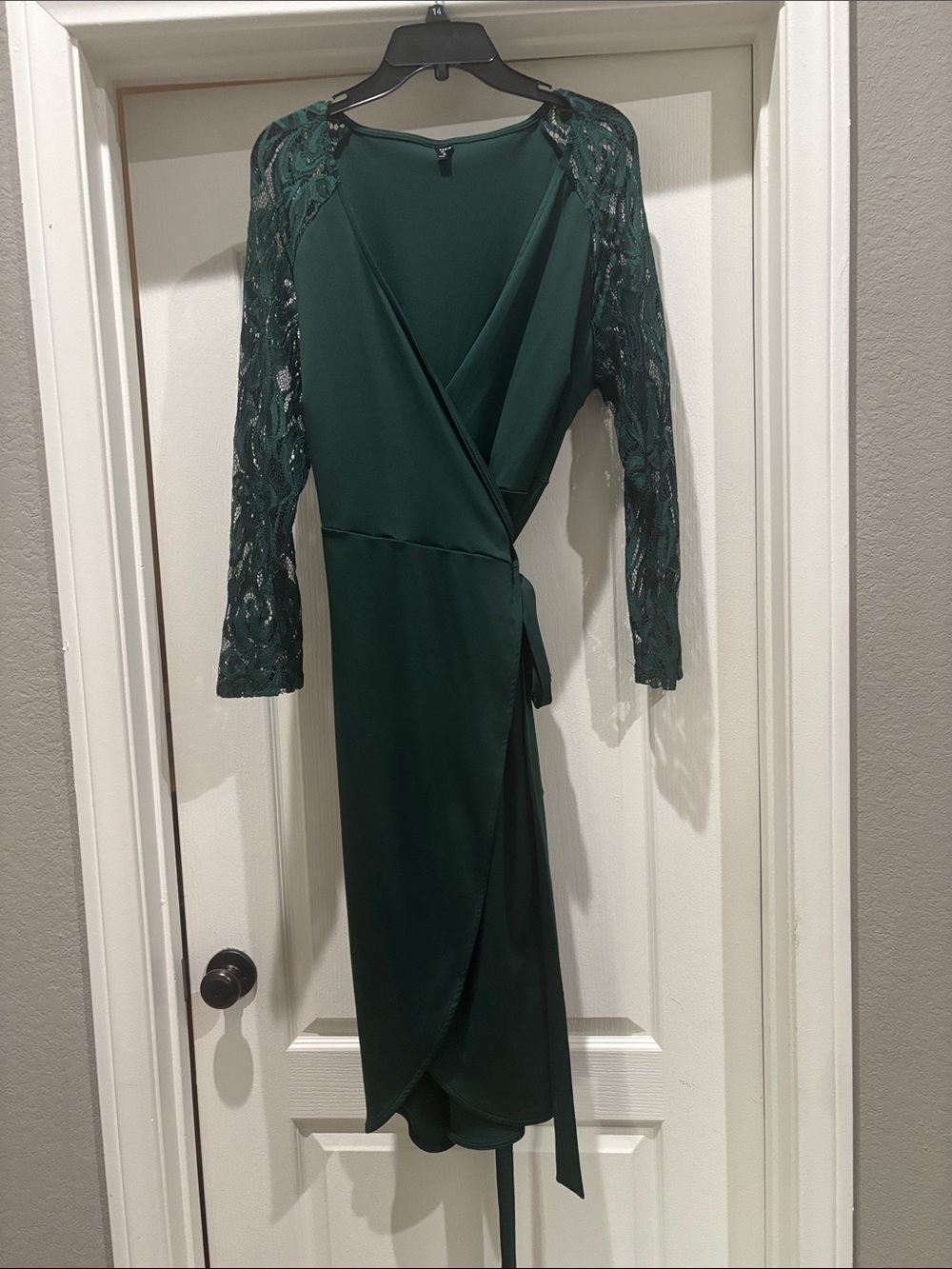 SHEIN Elegant Dark Green Lace Sleeve Wrap Dress